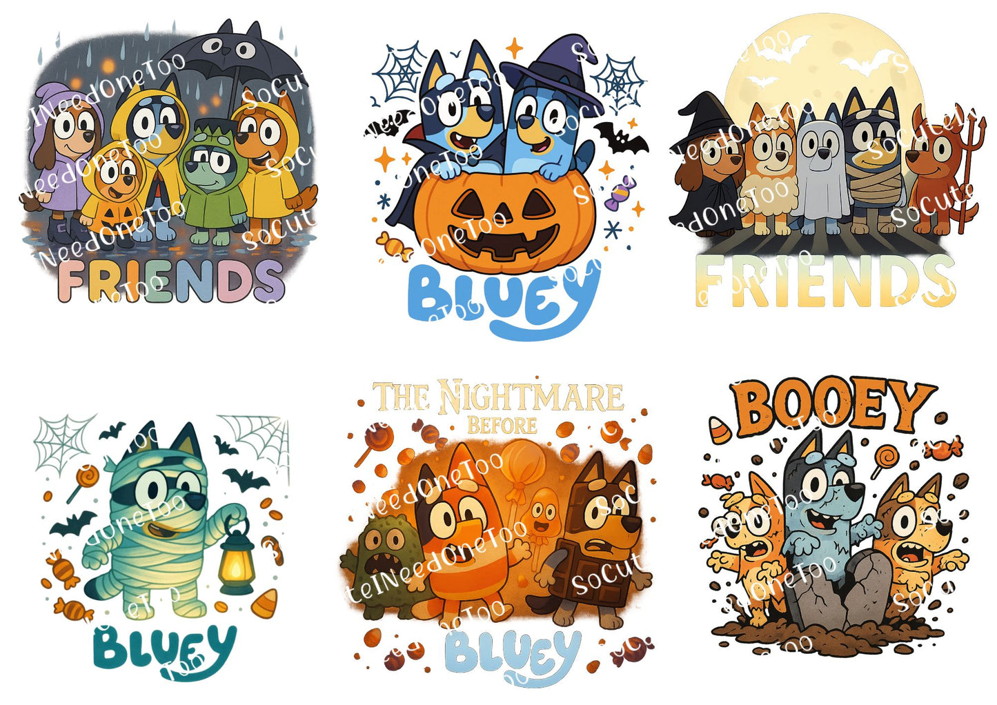 Set of Halloween-themed illustrations featuring cartoon characters with text.