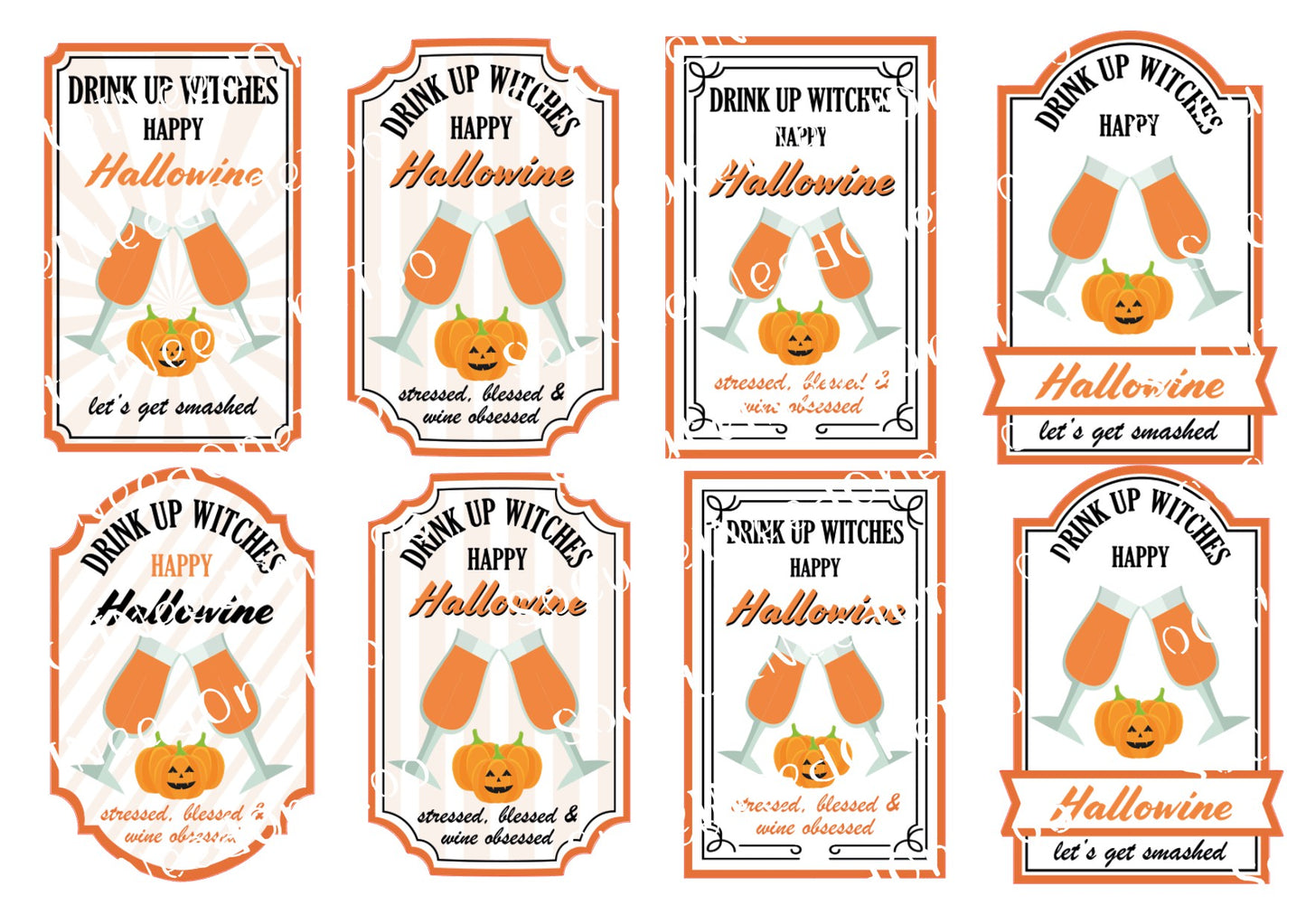 Set of Halloween-themed drink labels with pumpkins