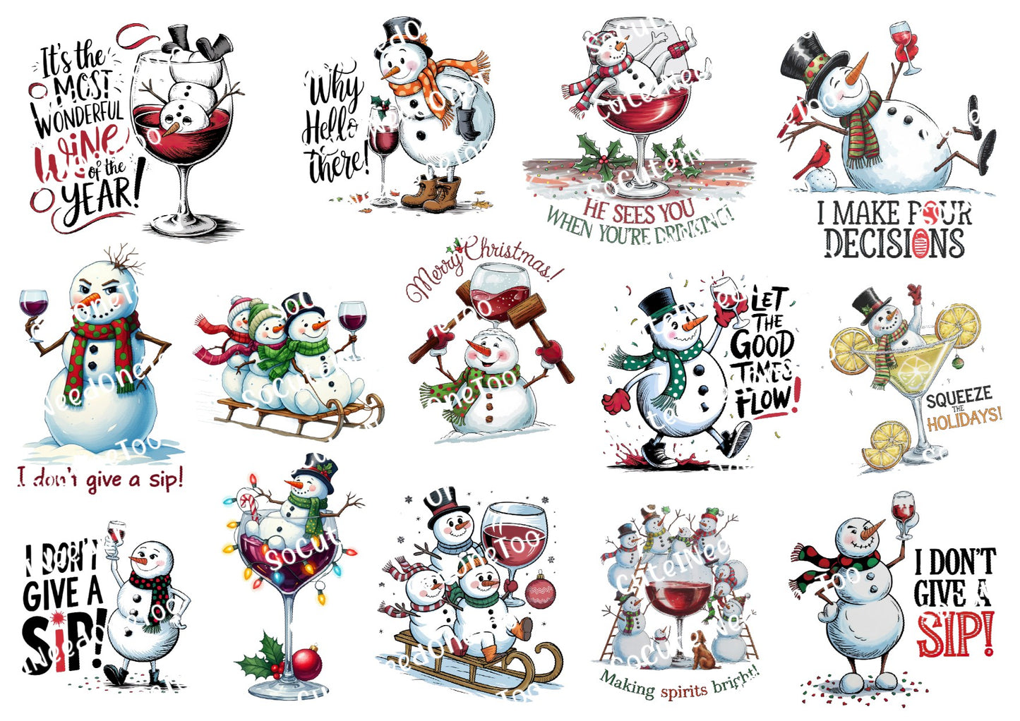 Set of Christmas-themed snowman illustrations with humorous holiday sayings.