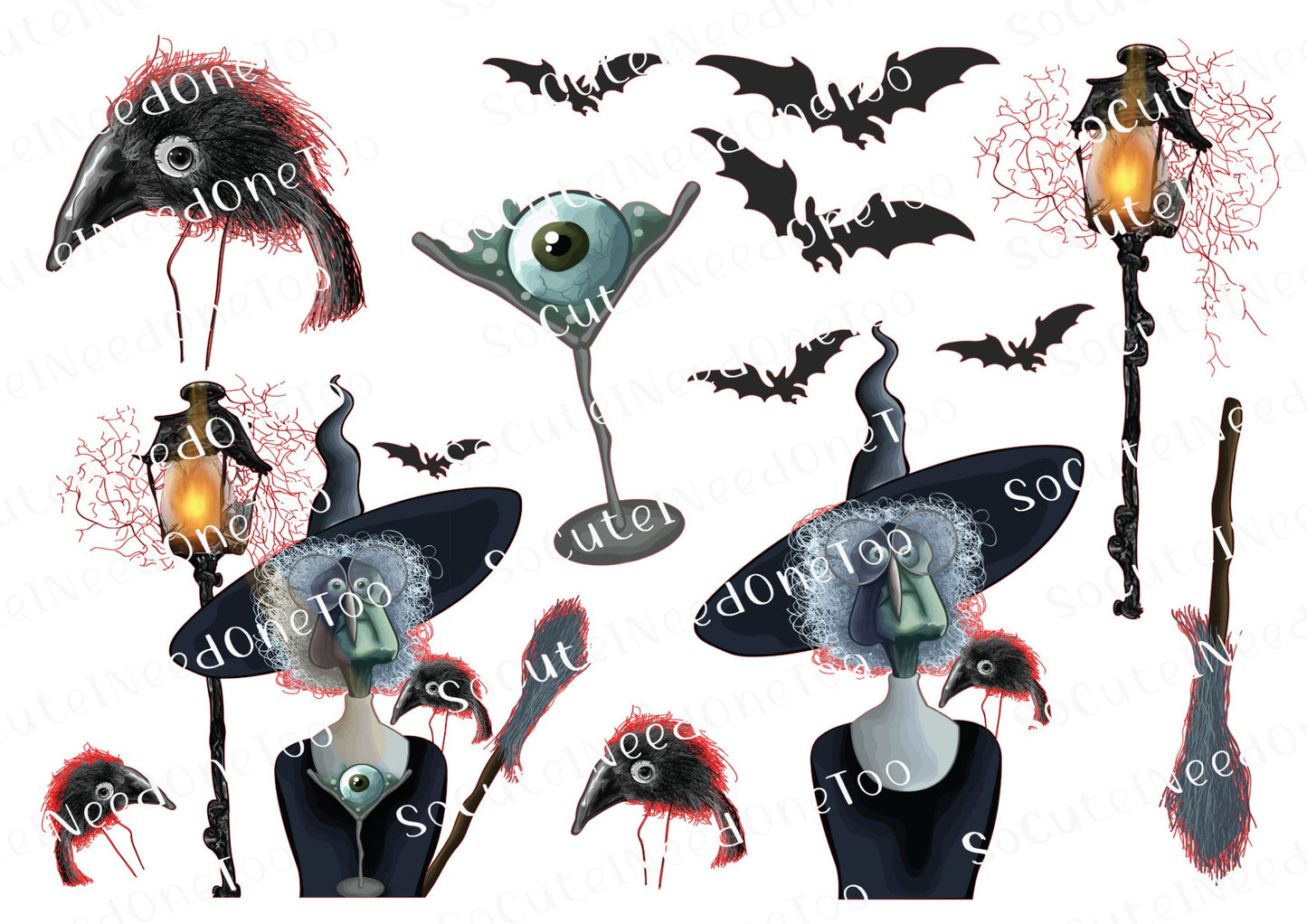 Halloween: bruja y su pájaro sobre papel transparente/blanco para impresión al agua