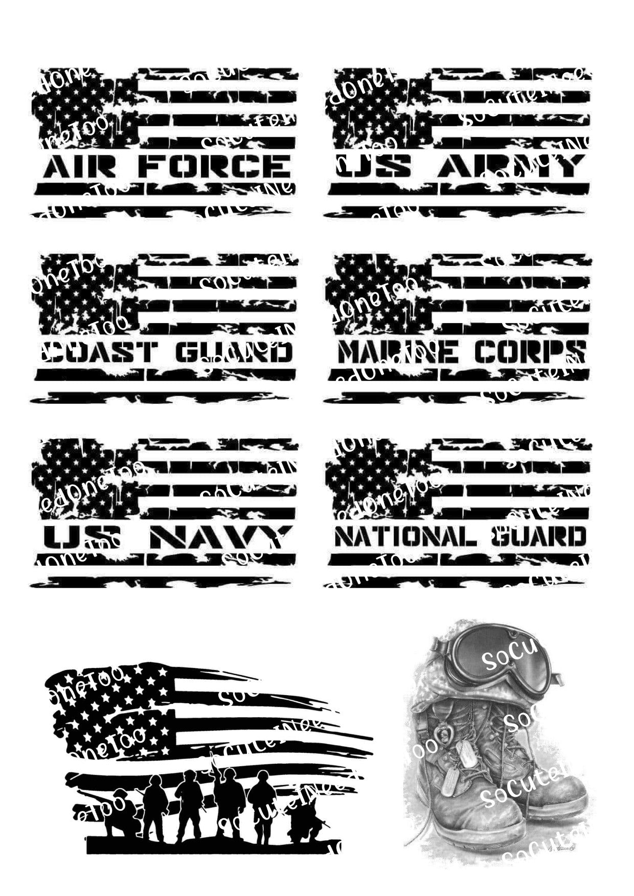 Banderas militares en blanco y negro sobre papel transparente/blanco para tobogán acuático, listas para usar