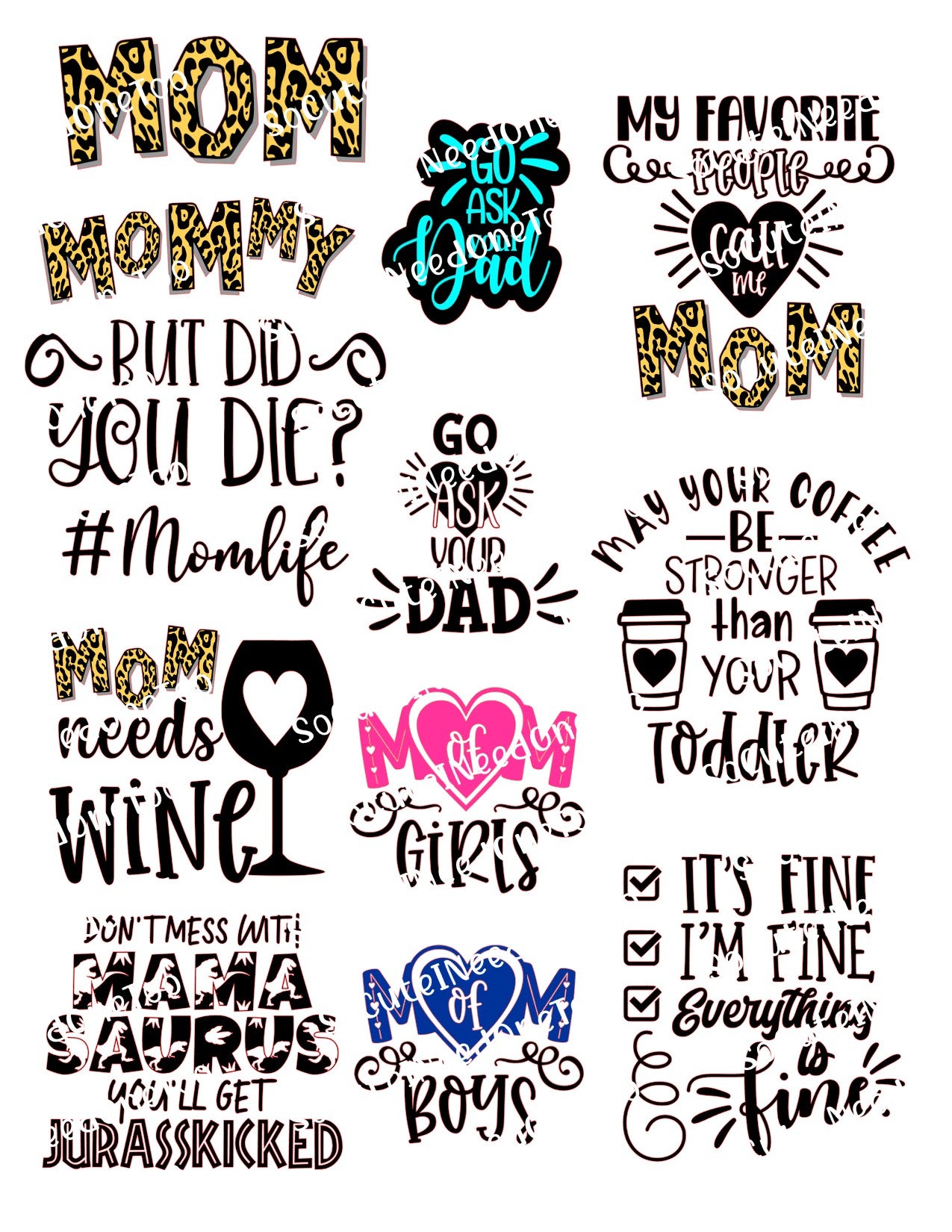 Mom Sayings #2 Waterslide Decals – Heartfelt & Funny Mom Designs for Tumblers