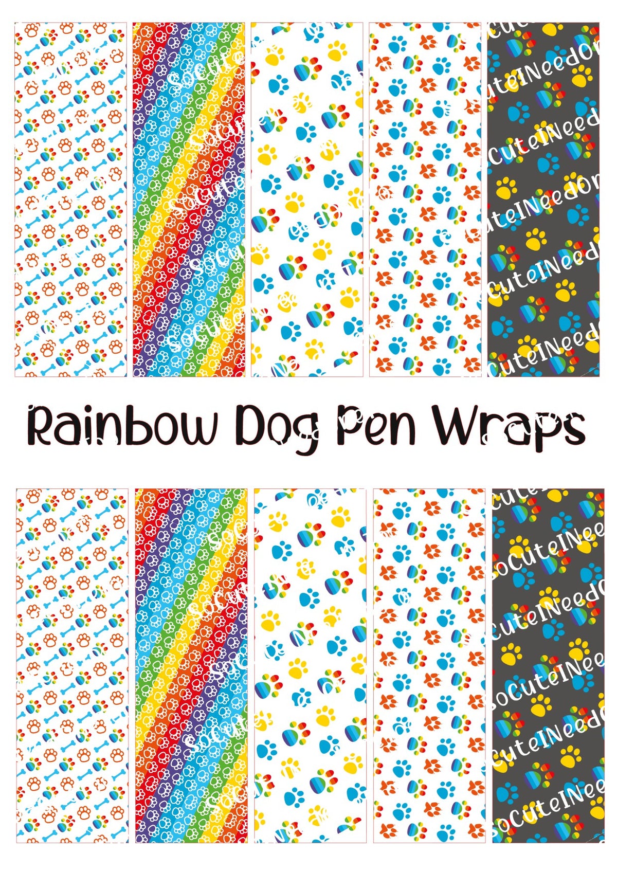 Rainbow Dog Prints Pen Wraps – Colorful Paw Print Designs for Bic Pens