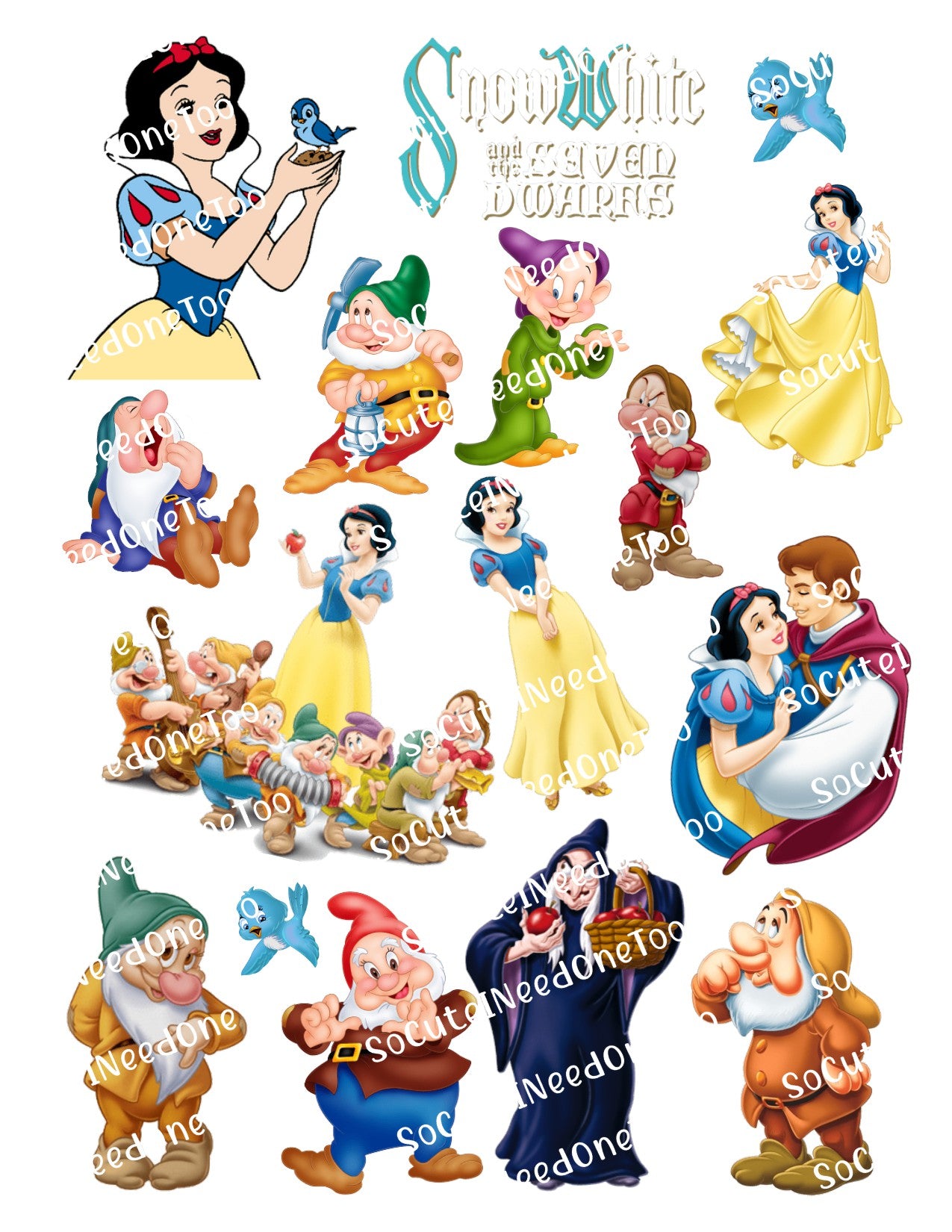 Blancanieves y los siete enanitos en papel transparente/blanco para toboganes de agua, listo para usar