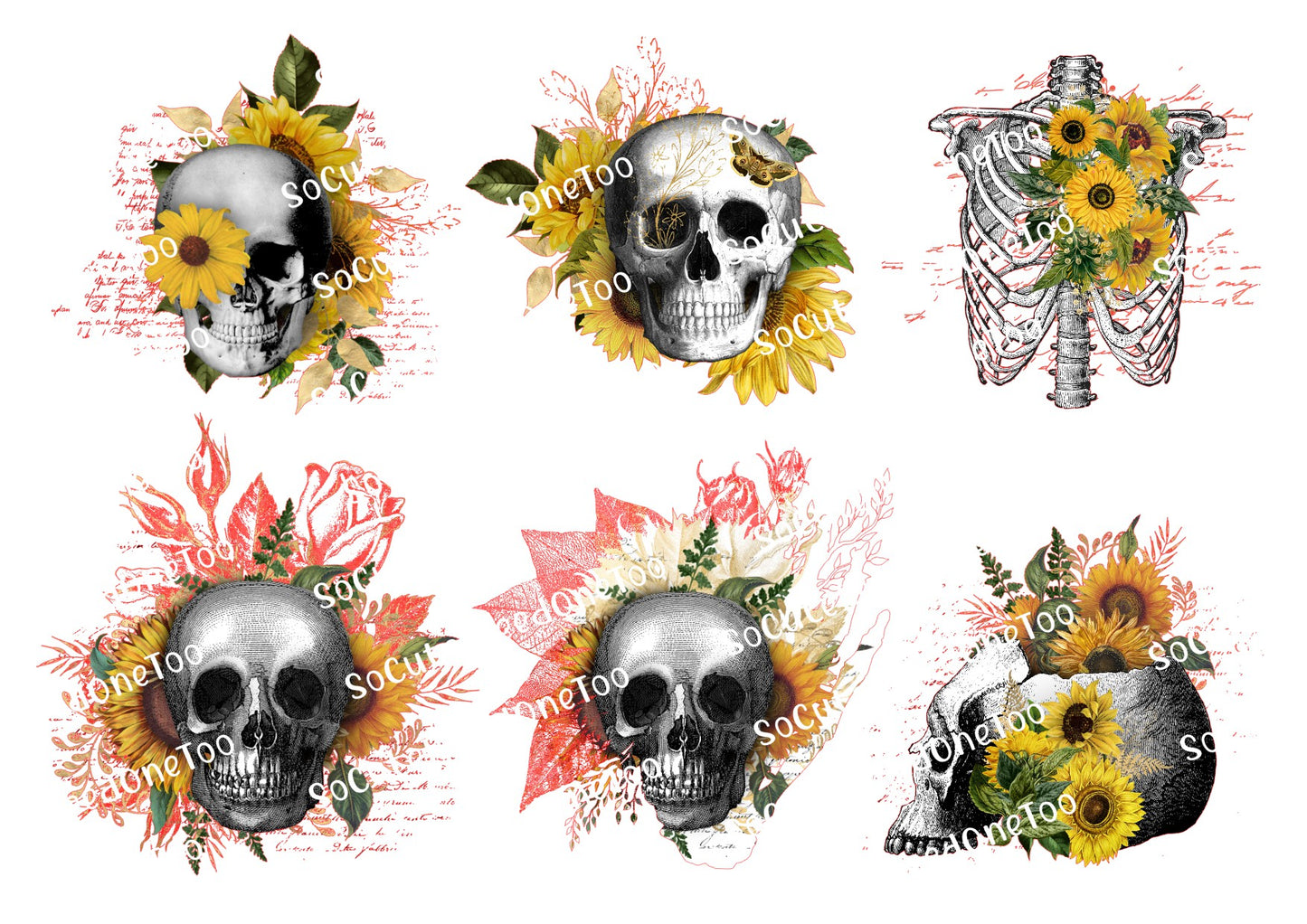 Sunflower Skeletons Waterslide Decals - Halloween Floral Designs