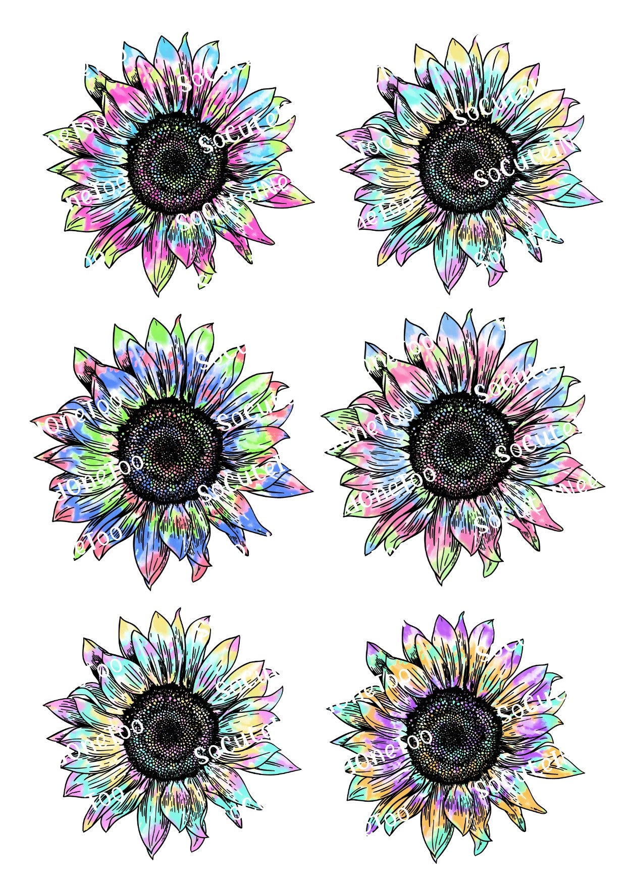 Sunflower Tie Dye Waterslide Decals - Tie Dye Sunflower Designs for Tumblers