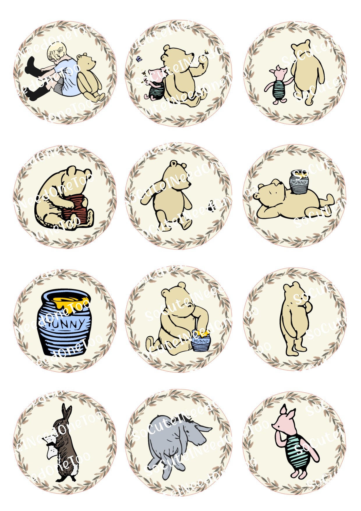 Winnie The Pooh 2.4 x 2.4 Vintage Circle Waterslide Decals - SoCuteINeedOneToo