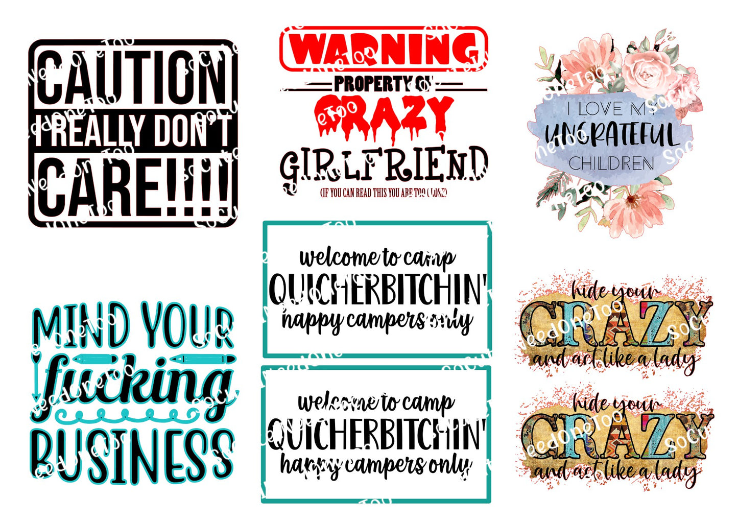 Adult Sayings - I don't really care Waterslide Decals - SoCuteINeedOneToo