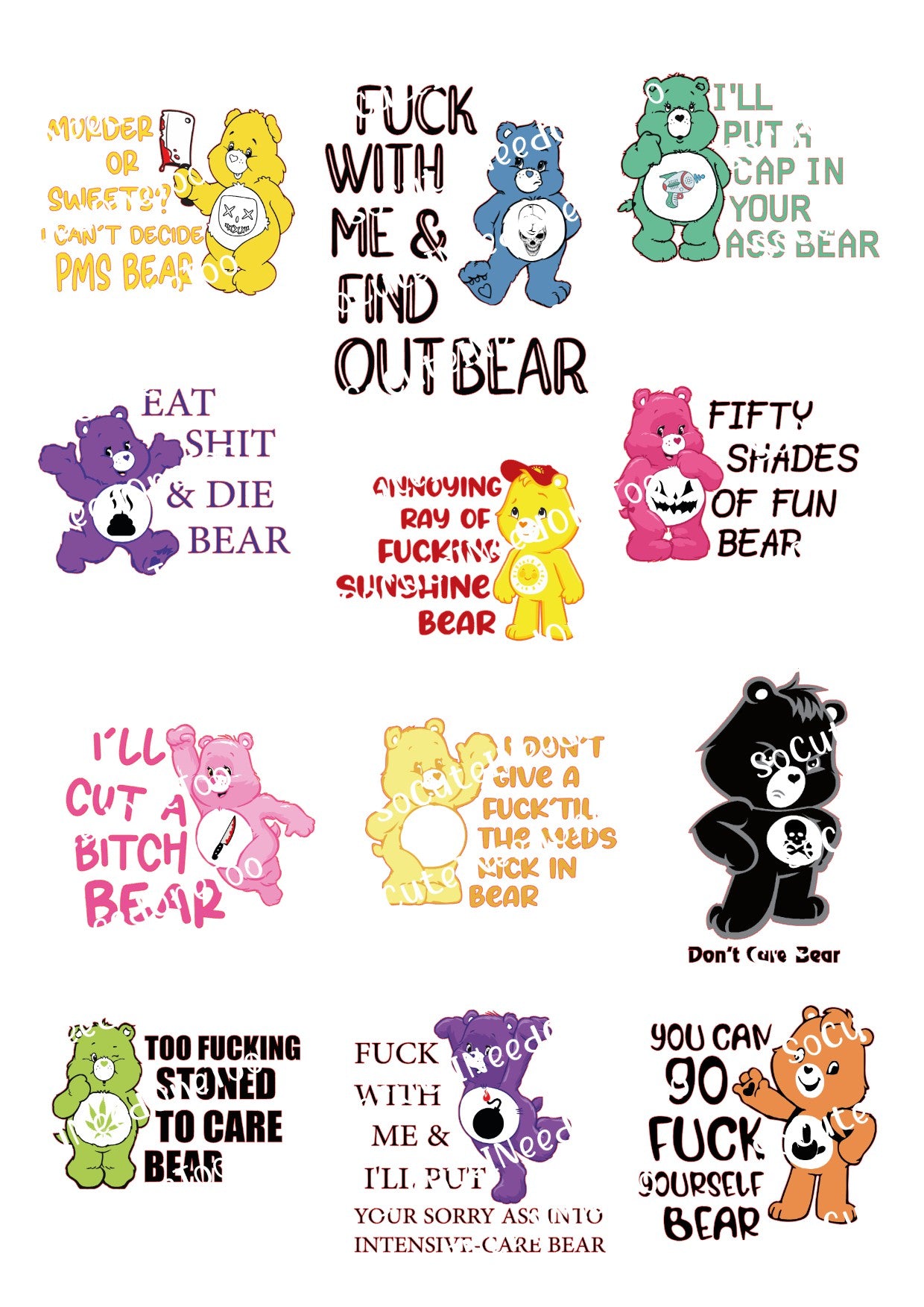 Care Bears (EXPLICIT ADULT HUMOR) Waterslide Decals - SoCuteINeedOneToo