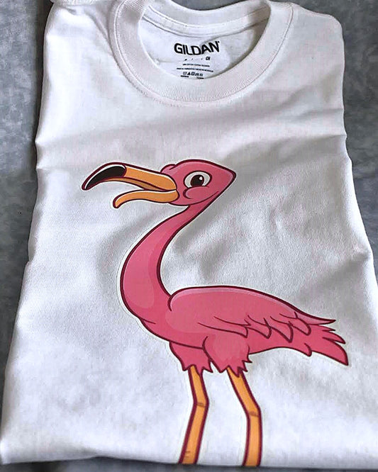 Custom iron-on transfer on light fabric - pink cartoon flamingo ironed onto a white t-shirt