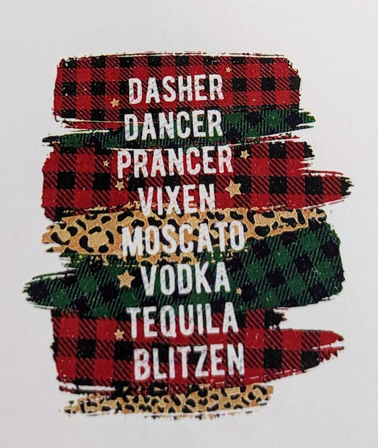Dasher Dancer Prancer Vixen Moscato Vodka Tequila Blitzen plaid and leopard printed waterslide decal