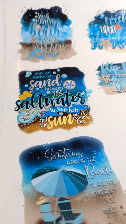 What Happens at the Beach, Sand Between Your Toes and Beach Therapy printed waterslide decals