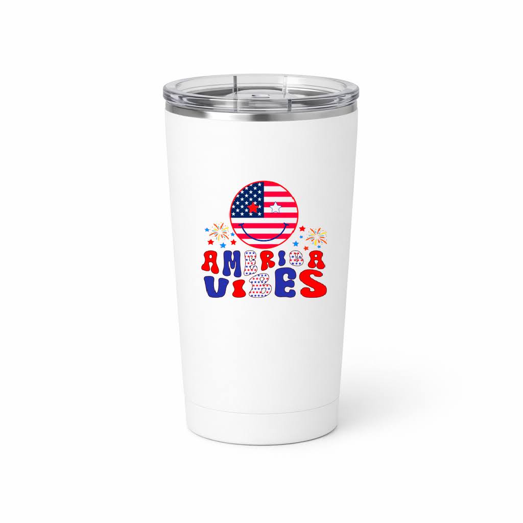 A white insulated travel tumbler with a clear lid, featuring a patriotic graphic on the front with a circular American flag motif and the text 'AMERICA VIBES' in red, white, and blue.