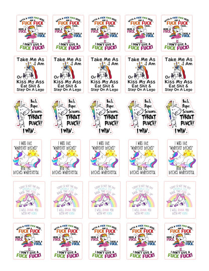 A grid of small printed cards or stickers featuring repeated cartoon illustrations and bold text. The designs include a pink-haired character, a girl in a pink dress, and phrases such as 'FUCK FUCK FUCK,' 'Take Me As I Am,' 'Or Kiss My Ass Eat My Step On A Lego,' and 'I WAS THE MOST IMPORTANT SHIT.