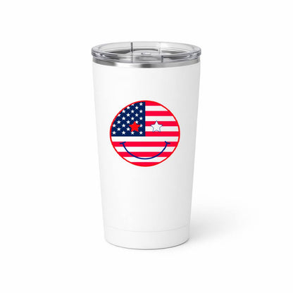 A white insulated travel tumbler with a clear lid, featuring a circular graphic of the American flag combined with a smiley face.