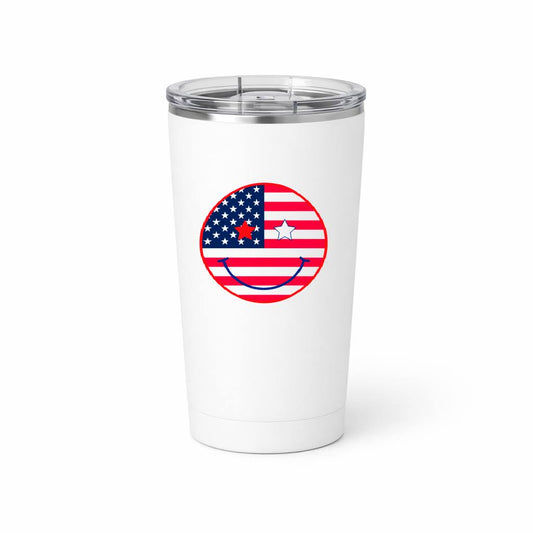 A white insulated travel tumbler with a clear lid, featuring a circular graphic of the American flag combined with a smiley face.