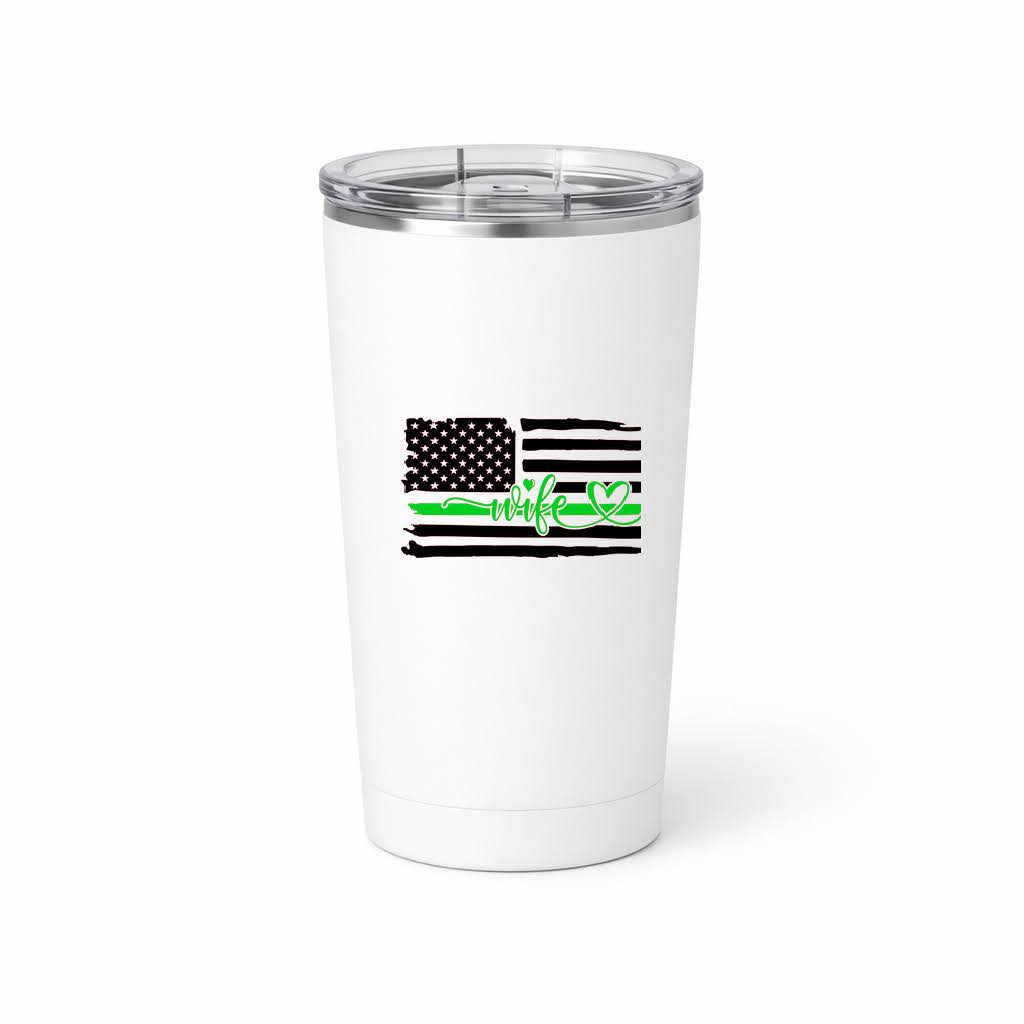A white insulated travel tumbler with a clear lid, featuring a black distressed American flag graphic and a green heart-shaped ribbon with the text 'wife 2' printed on the front.