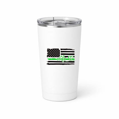 A white insulated travel tumbler with a clear lid, featuring a black distressed American flag graphic and a green heart-shaped ribbon with the text 'wife 2' printed on the front.