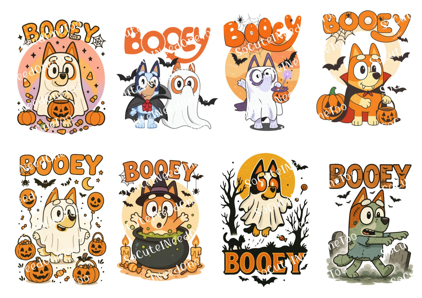 Set of Halloween-themed stickers with cartoon characters and 'Booey' text on a white background.