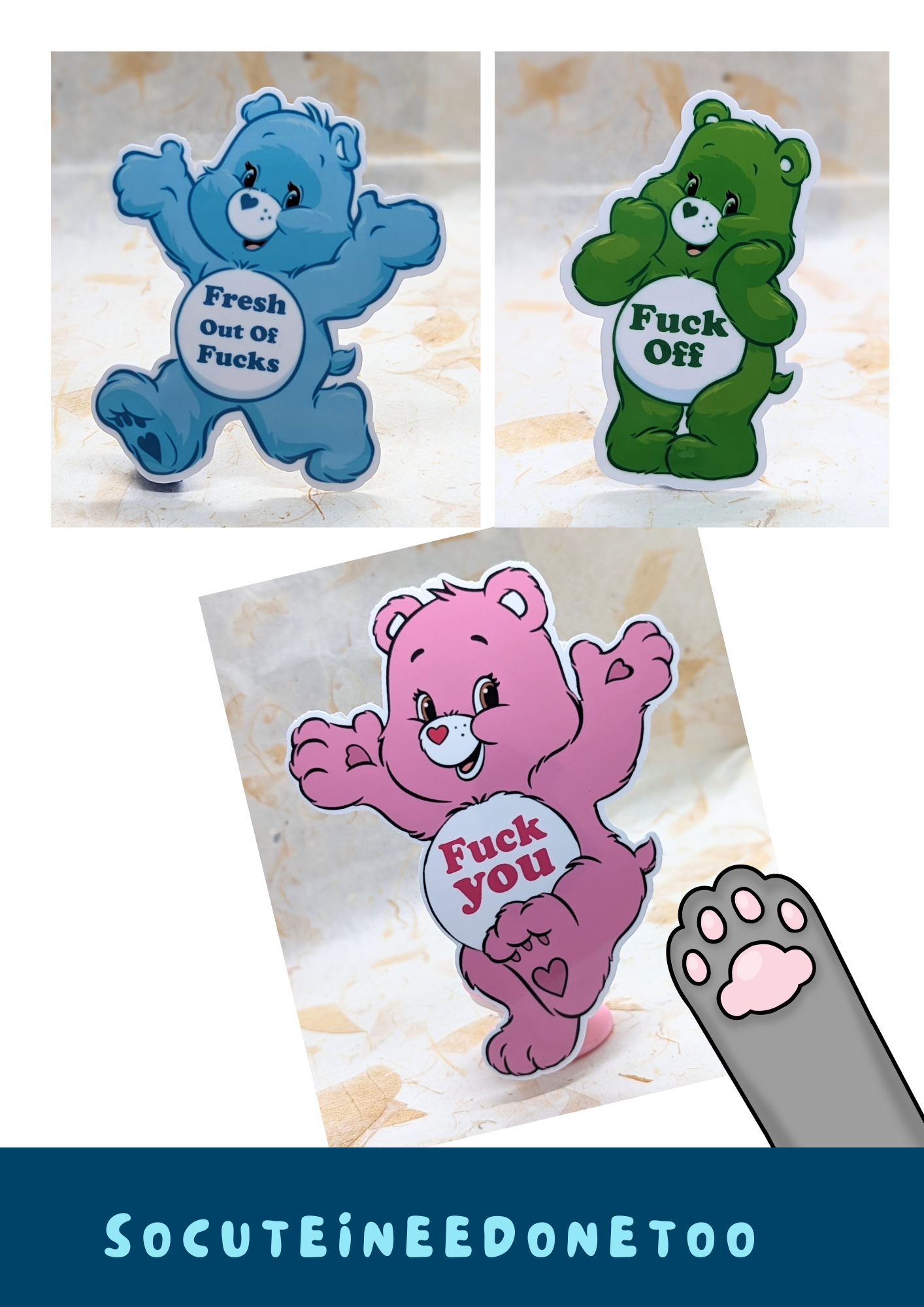 Care Bear Adult Stickers - 3 Care Bear Stickers socuteineedonetoo