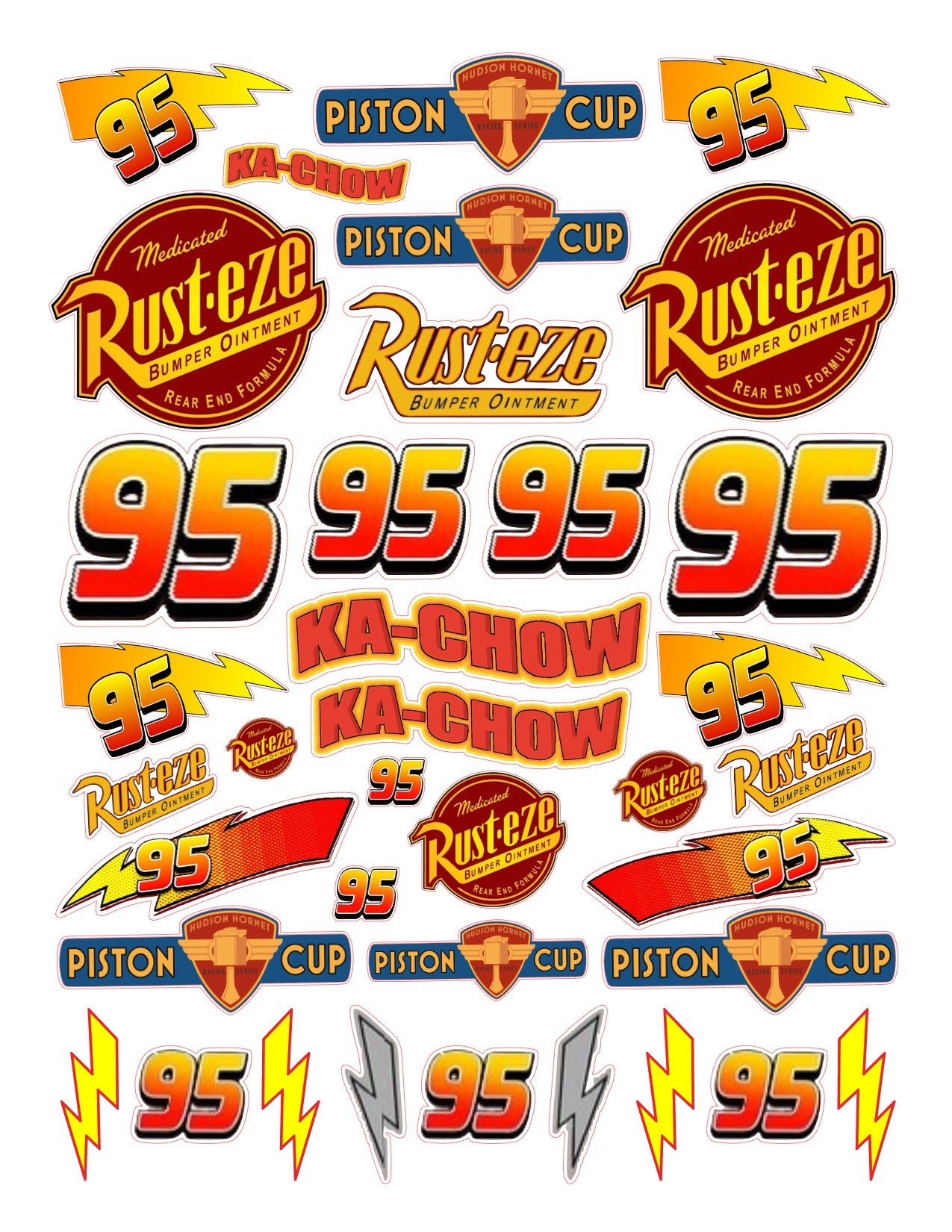Collection of Rust-eze, Piston Cup, and other automotive-themed logos  