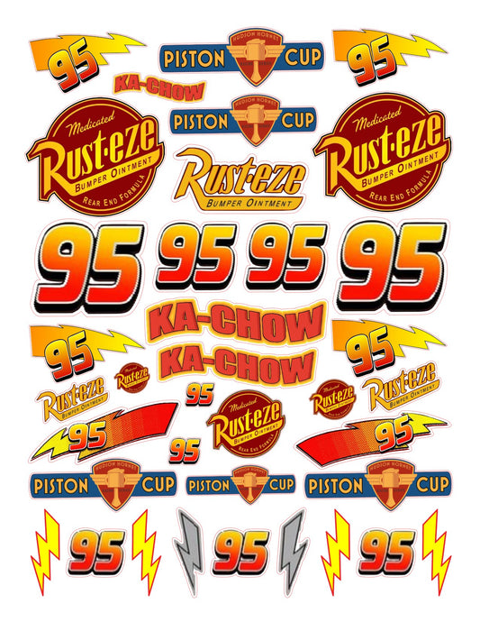 Collection of Rust-eze, Piston Cup, and other automotive-themed logos  