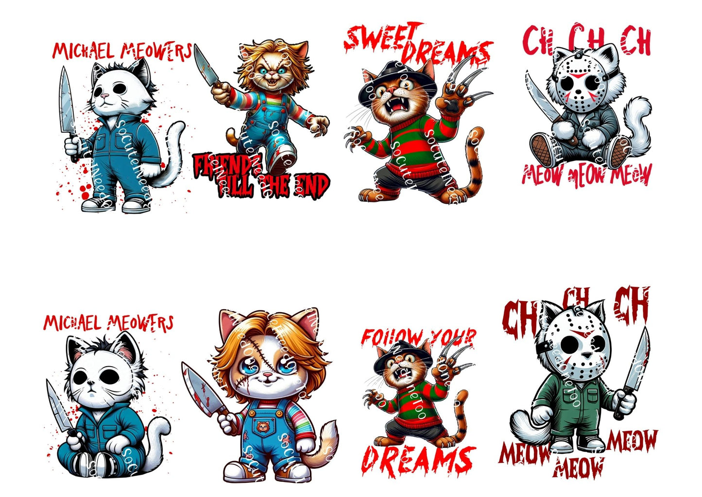 Halloween Serial Killer Cats Waterslide Decals - Chucky & Myers Kitties