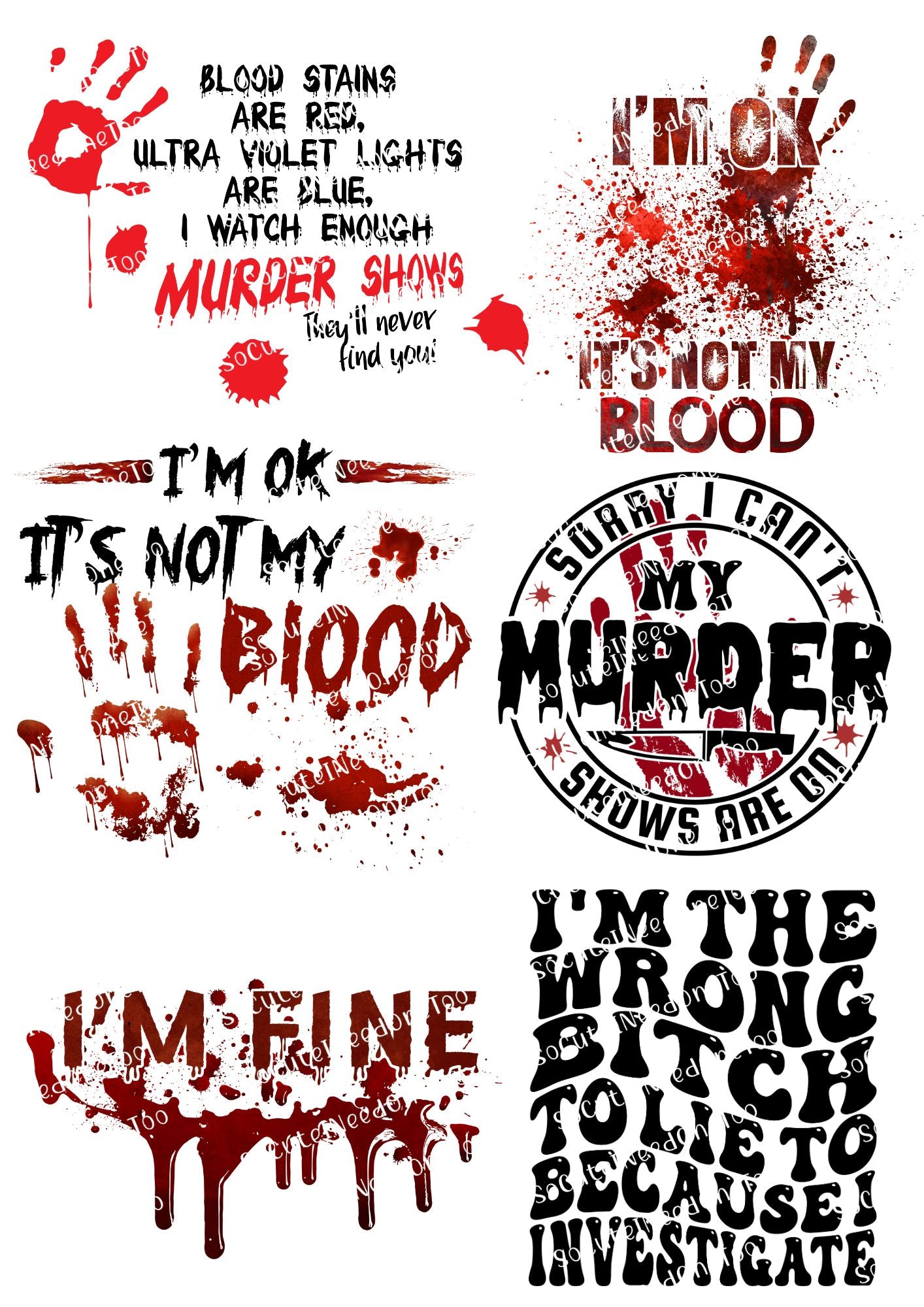 Collection of graphic text designs with blood stains and distressed effects on a white background.