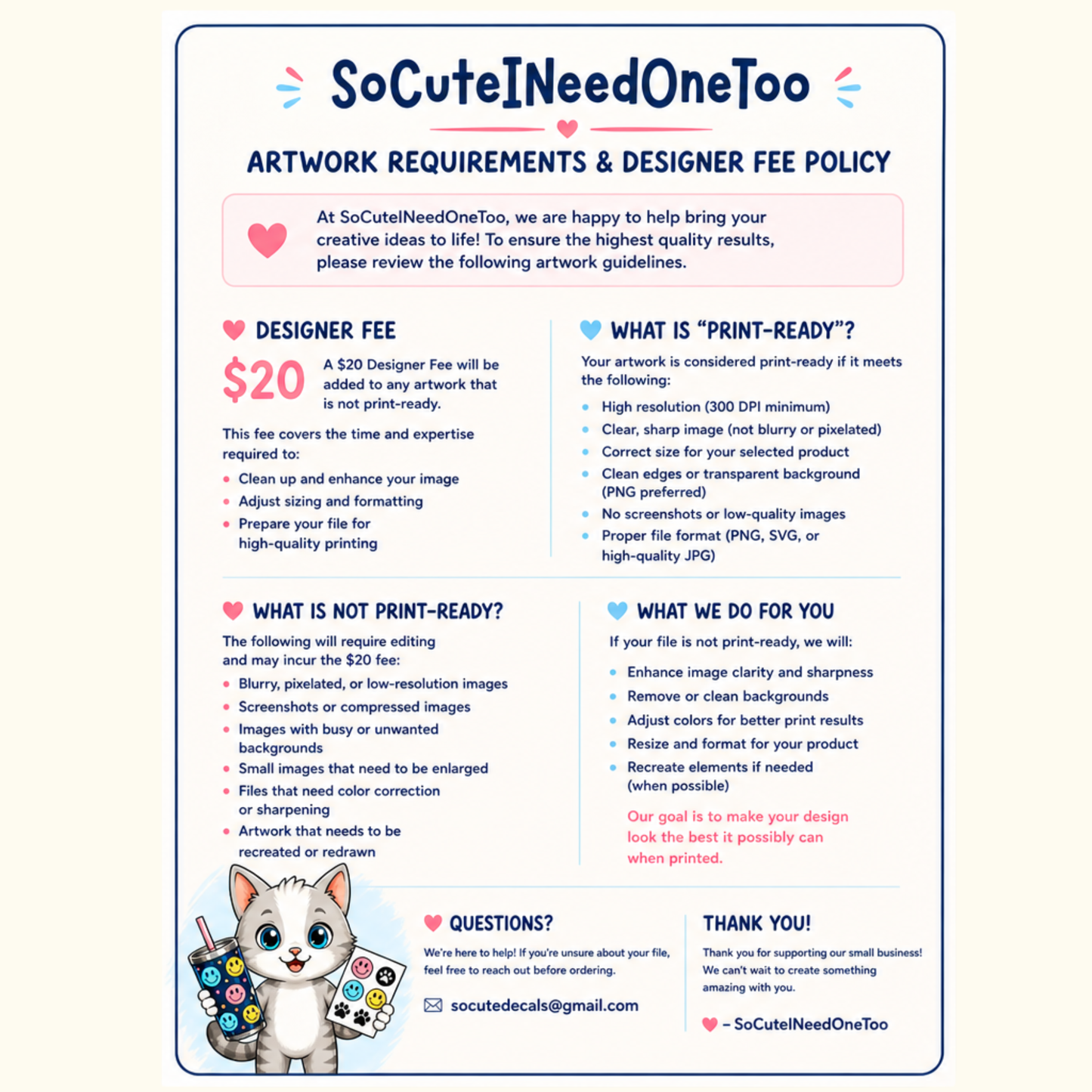 Artwork requirements and designer fee policy document with a cartoon cat character at the bottom.