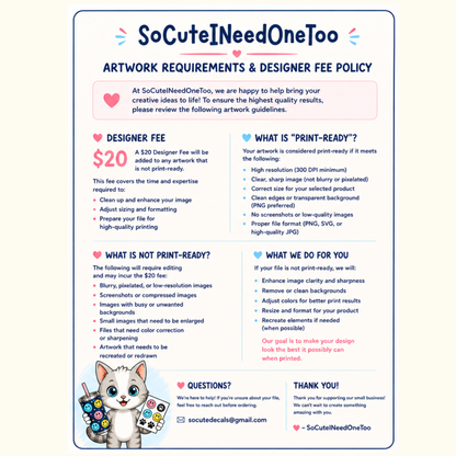 Artwork requirements and designer fee policy document with a cartoon cat character at the bottom.