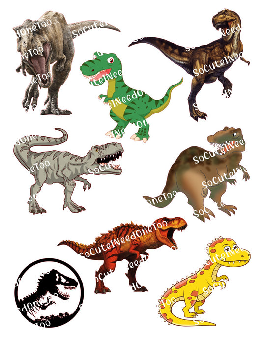 Set of colorful dinosaur illustrations with a Jurassic Park logo.