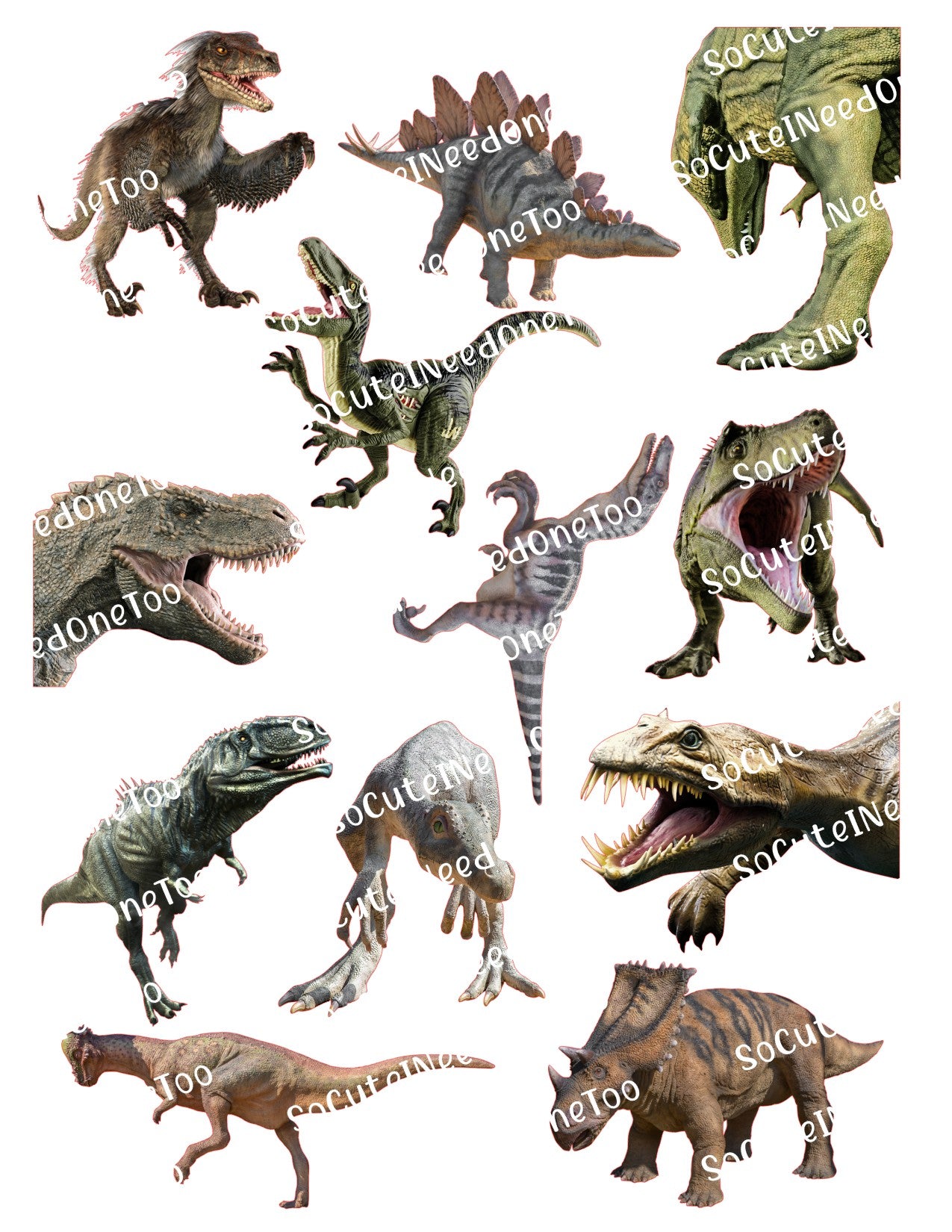 Collection of various dinosaur toy figures on a white background