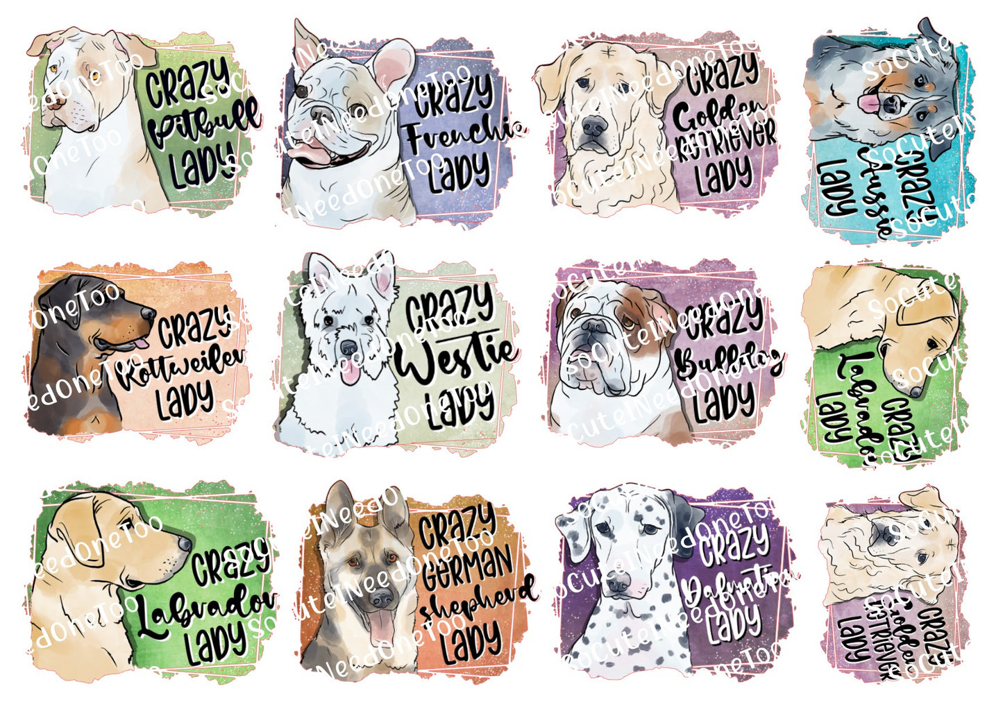 A 3x5 grid of 15 watercolor-style dog portrait stickers or decals, each with a different dog illustration and the phrase 'Crazy [dog breed] Lady' in black script. The designs use many pastel and earth tones, and the image has a repeated diagonal watermark across all pieces.