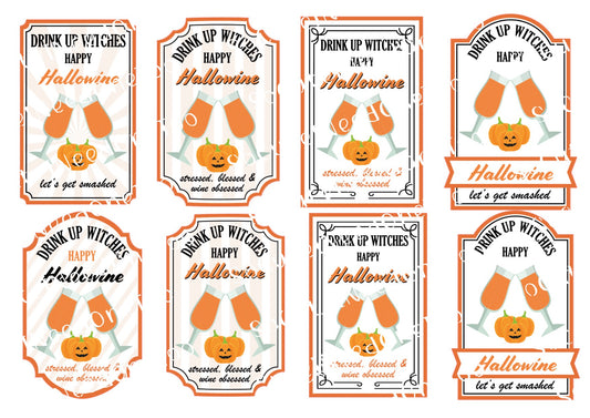 Set of Halloween-themed drink labels with pumpkins  