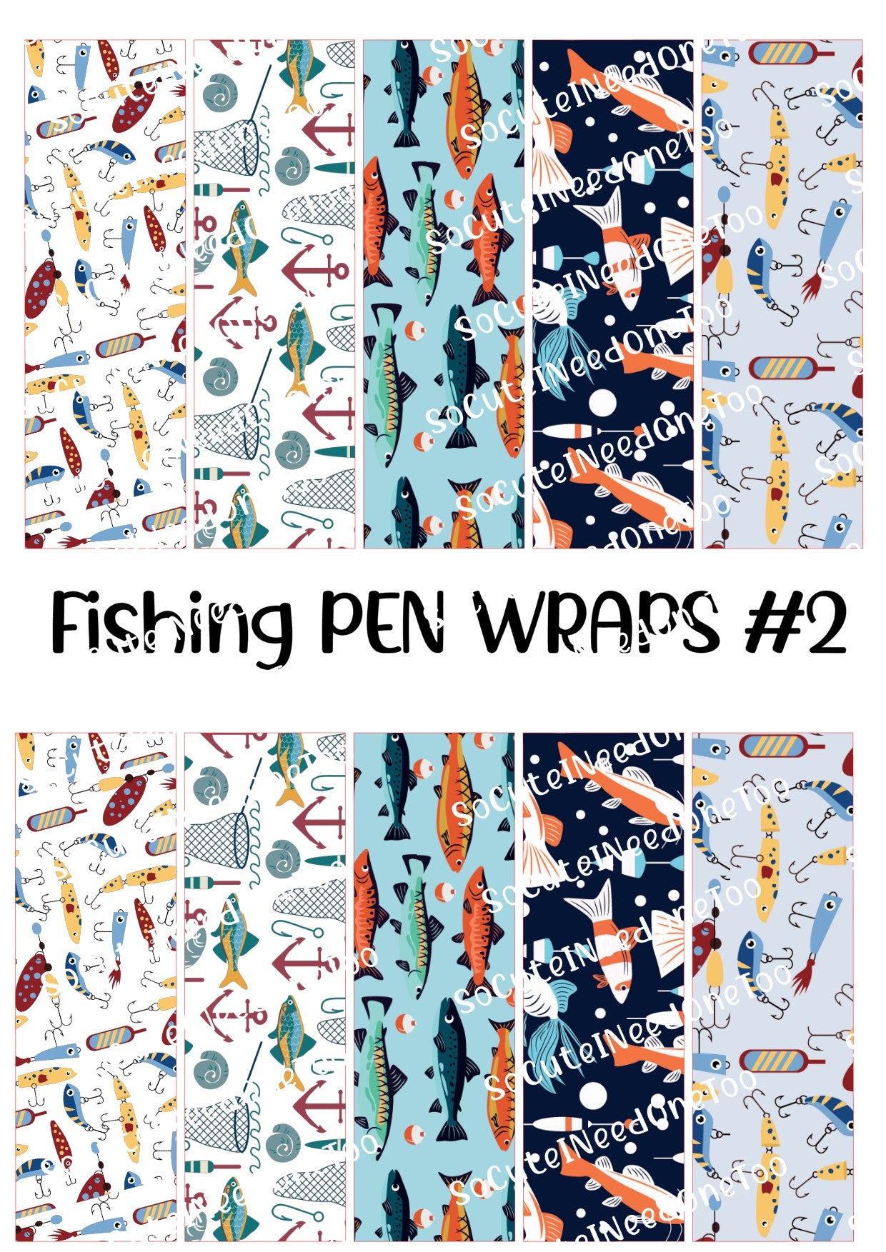 Collection of fishing-themed pen wraps with various patterns on a white background.