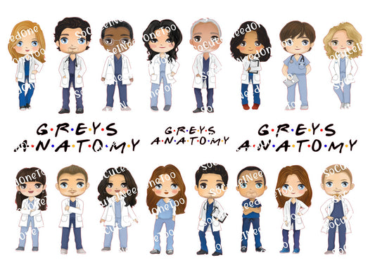 Cartoon characters in medical attire with 'Greys Anatomy' text.