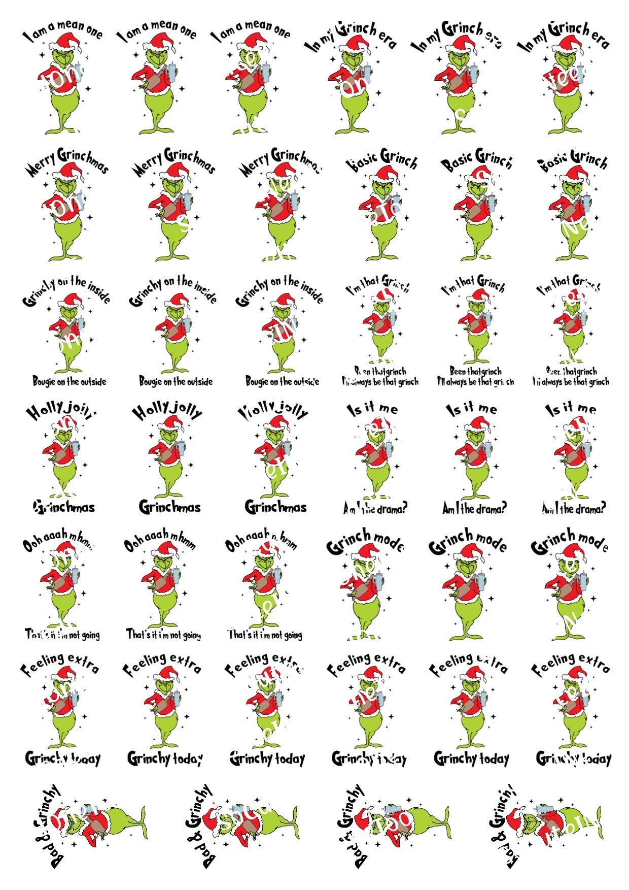 Grinch Standing with Favorite Sayings Waterslide Decals - 2 inch & 1.5 inch