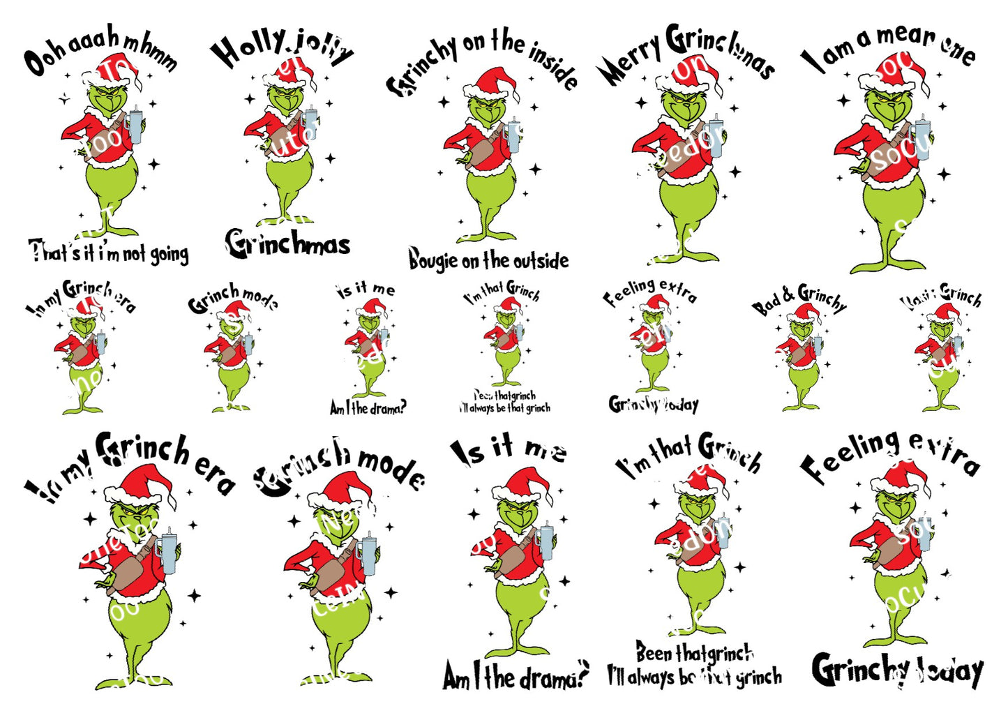 Grinch Standing with Favorite Sayings Waterslide Decals - 2 inch & 1.5 inch