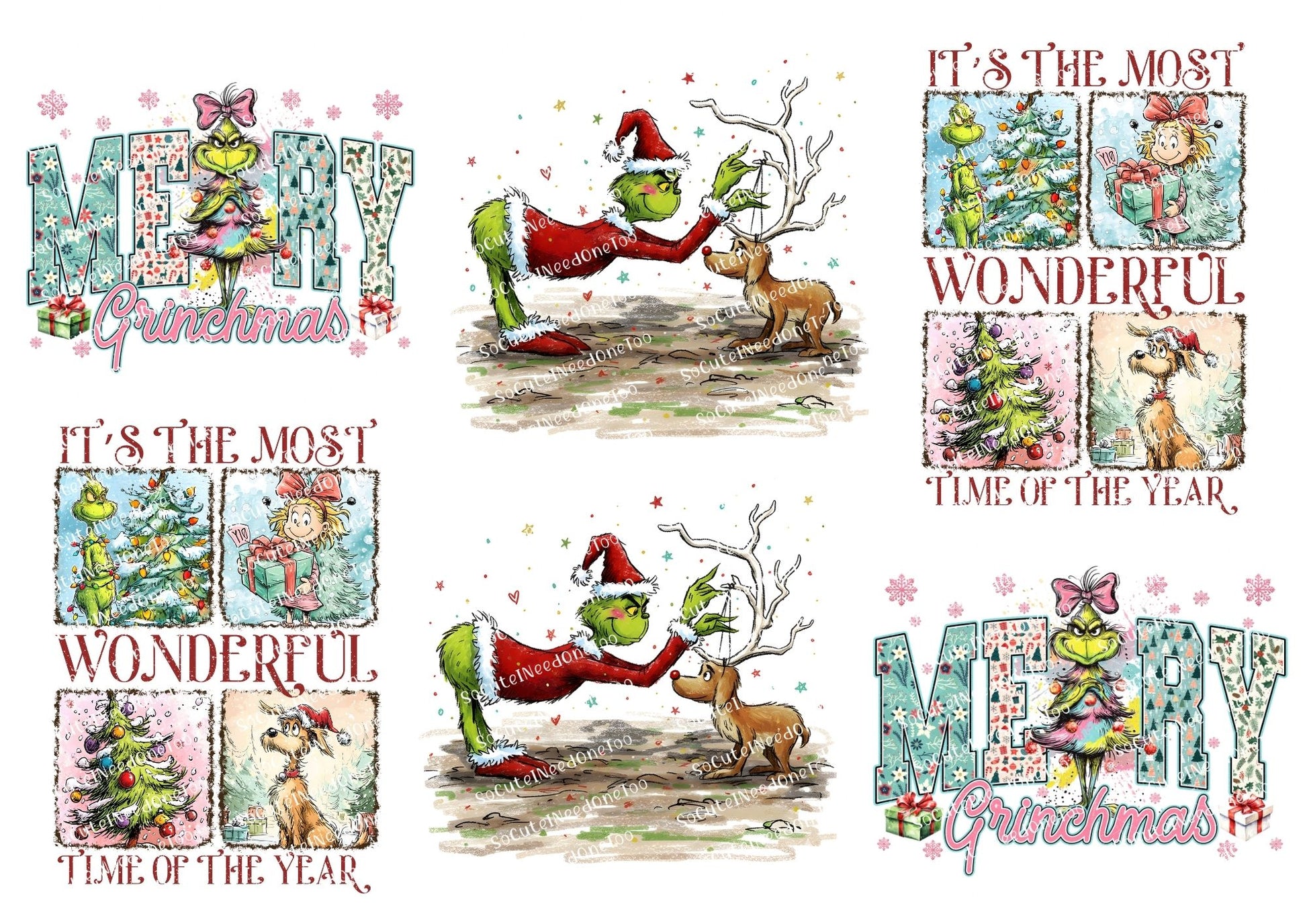  festive design with Grinch and reindeer, featuring text and Christmas elements.