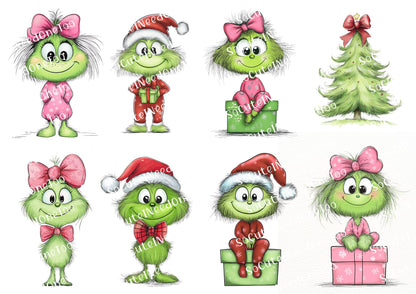 Set of cartoon green characters with festive accessories on a white background