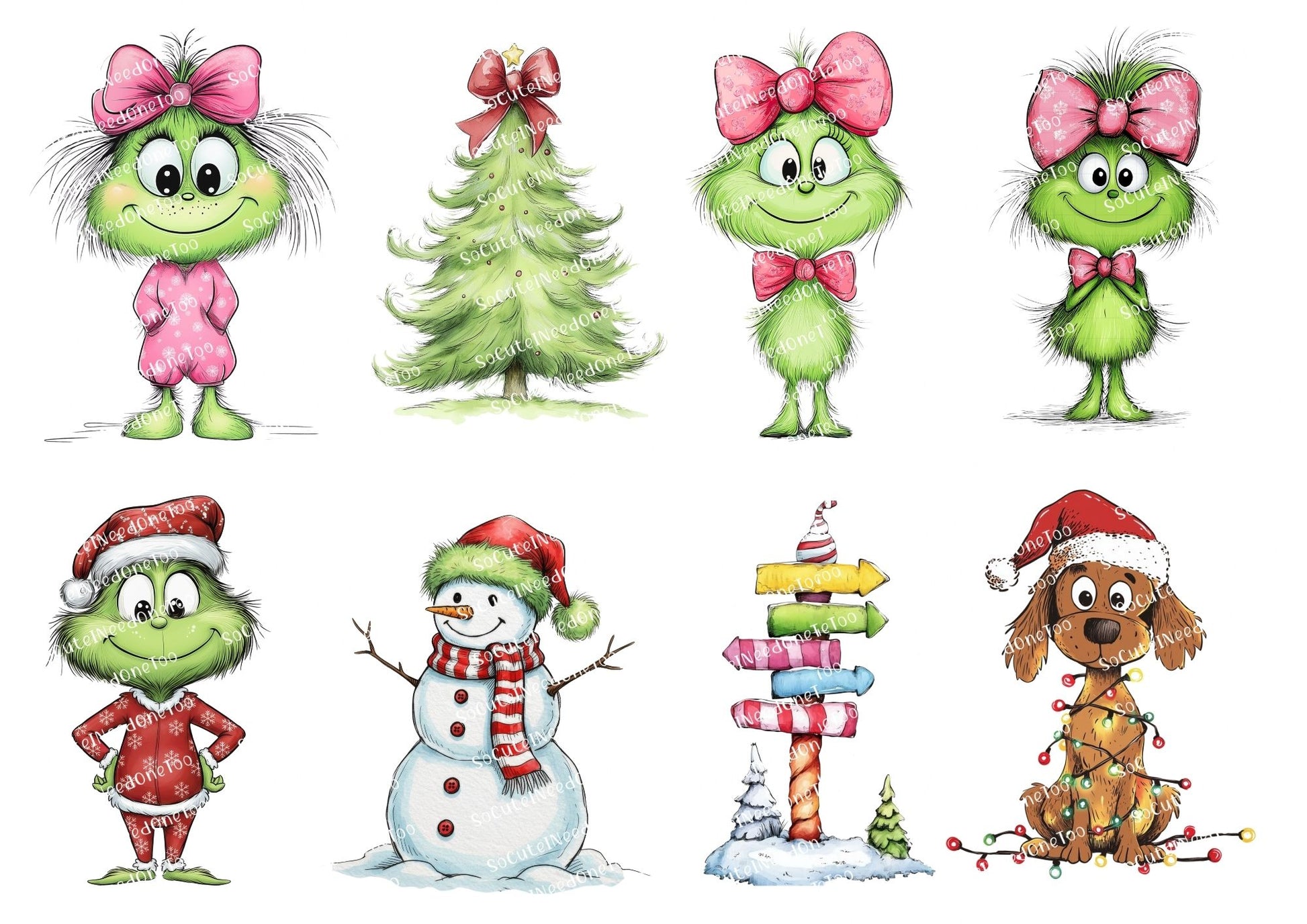 Set of Christmas-themed illustrations including green characters, a tree, a snowman, and a dog with lights.