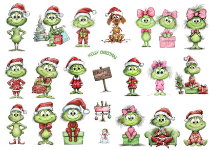 Collection of cartoon characters in Christmas outfits on a white background