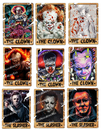 Set of 'The Clown' and 'The Slasher' themed cards with various designs.