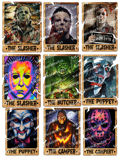 Collection of 'The Slasher' themed cards featuring various horror characters.