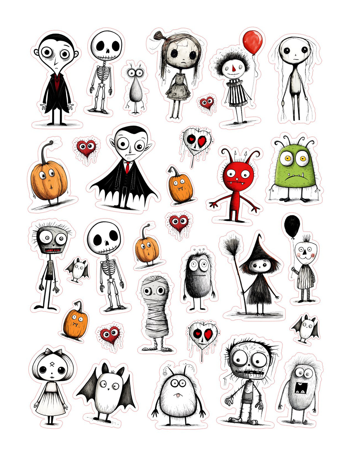 Full sheet of hand-sketched Halloween character stickers, about 2 inches each
