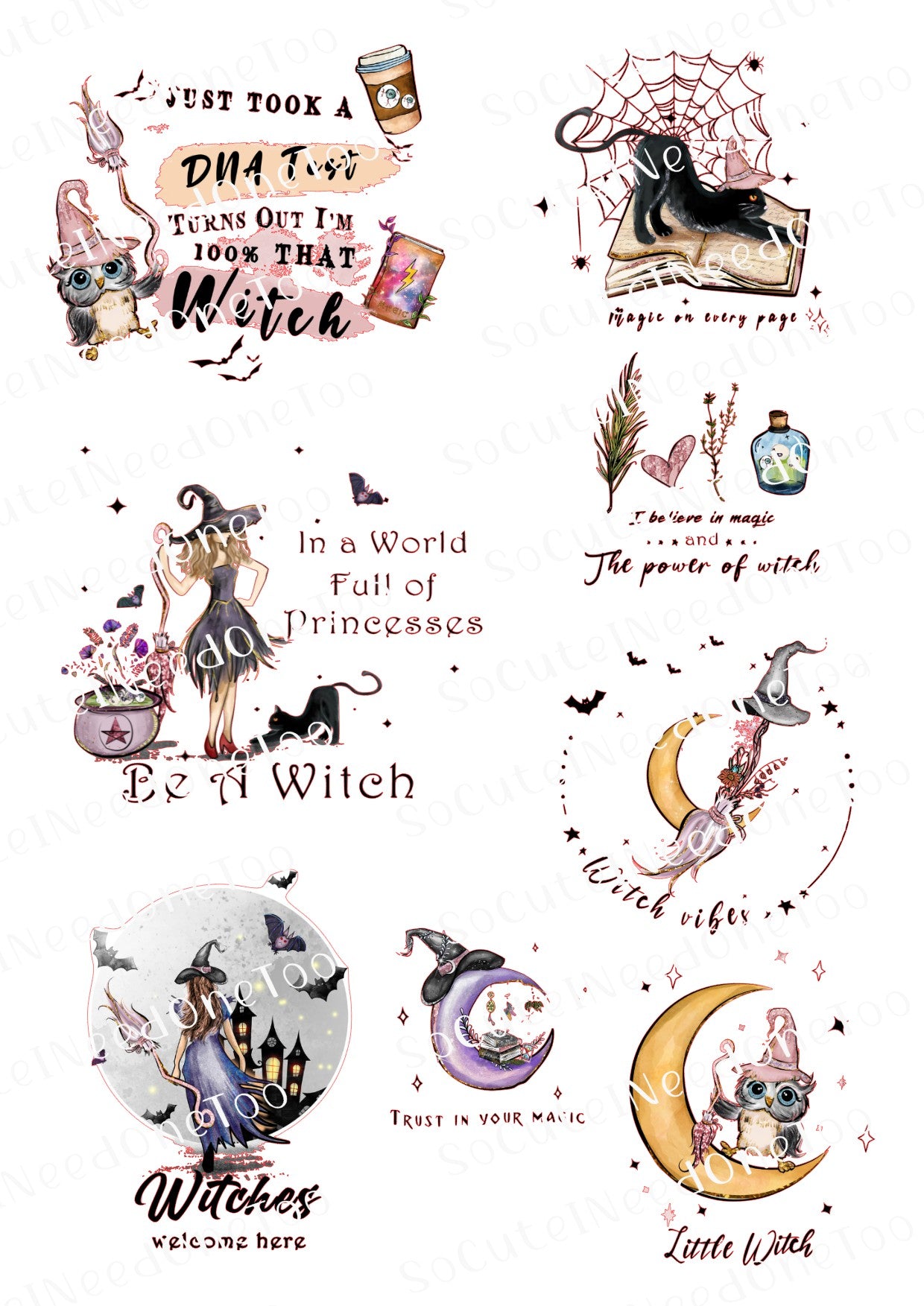 Set of witch-themed waterslide decals