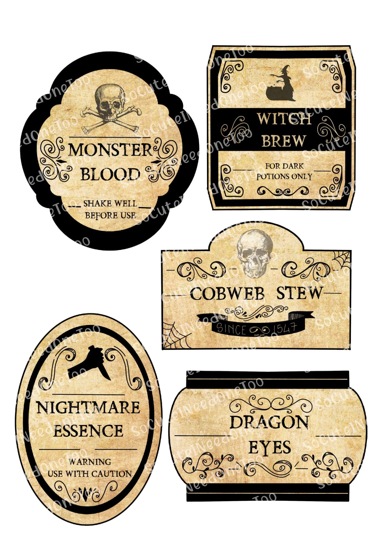 Set of vintage-style potion labels with Halloween-themed text and graphics.
