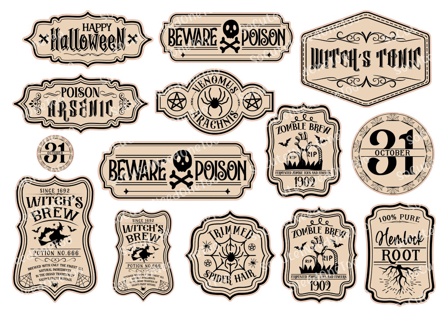 Collection of vintage Halloween labels with text and graphics on a white background