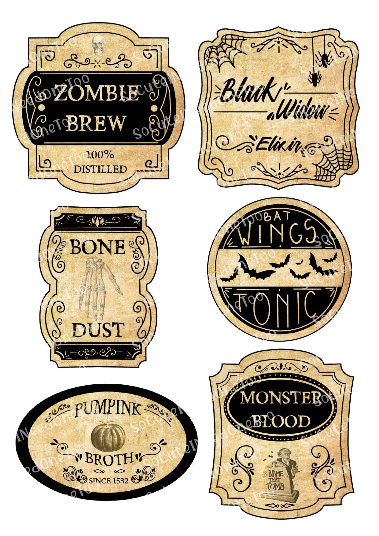 Set of vintage-style potion labels with Halloween-themed text on a white background