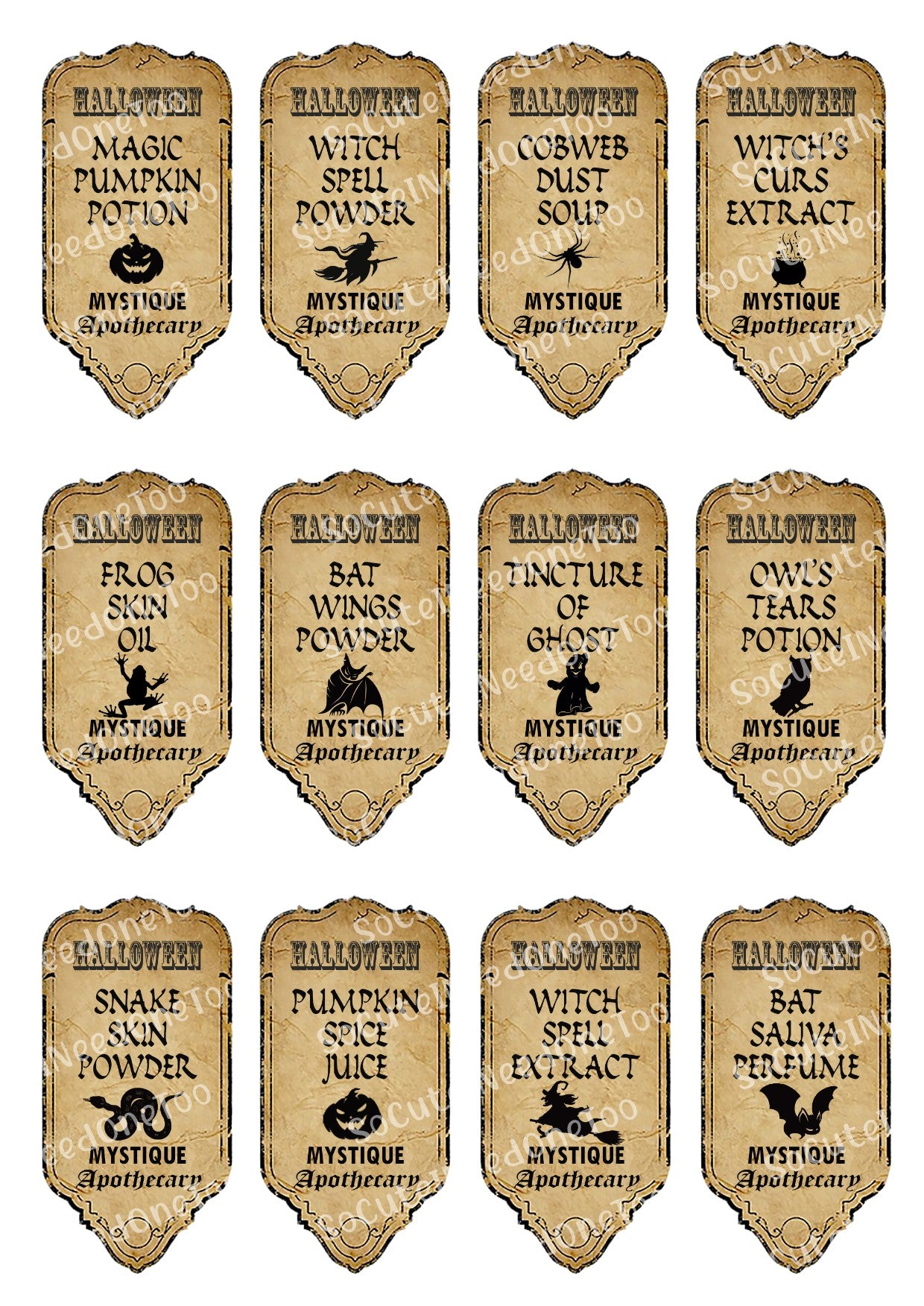 Set of Halloween-themed potion labels with various ingredients on a beige background.